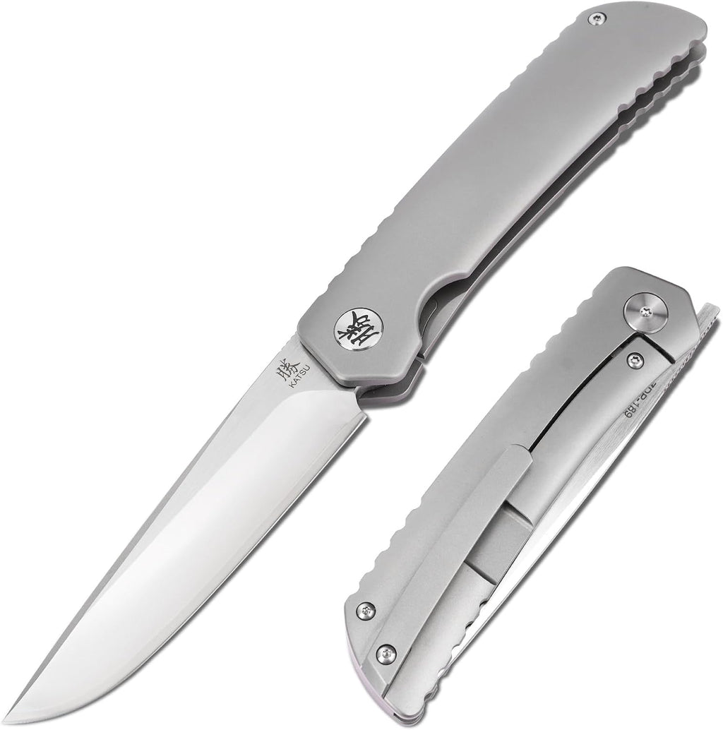 KATSU Folding Knife ZDP-189 Steel 3.5' Blade,Japanese Sandblasted Titanium Handle Pocket Knife with Clip Convex Grind Frame lock, Quick Open EDC Flip Knives for Men Leather Sheath Hiking Camping