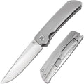 KATSU Folding Knife ZDP-189 Steel 3.5' Blade,Japanese Sandblasted Titanium Handle Pocket Knife with Clip Convex Grind Frame lock, Quick Open EDC Flip Knives for Men Leather Sheath Hiking Camping