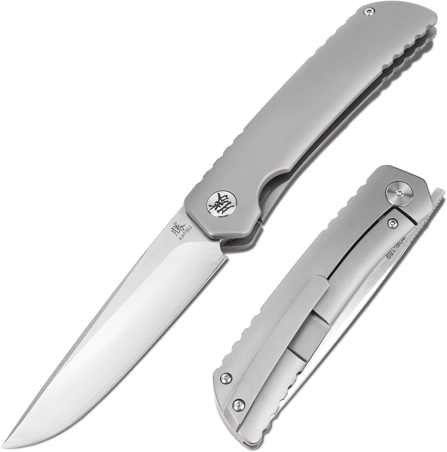 KATSU Folding Knife ZDP-189 Steel 3.5' Blade,Japanese Sandblasted Titanium Handle Pocket Knife with Clip Convex Grind Frame lock, Quick Open EDC Flip Knives for Men Leather Sheath Hiking Camping