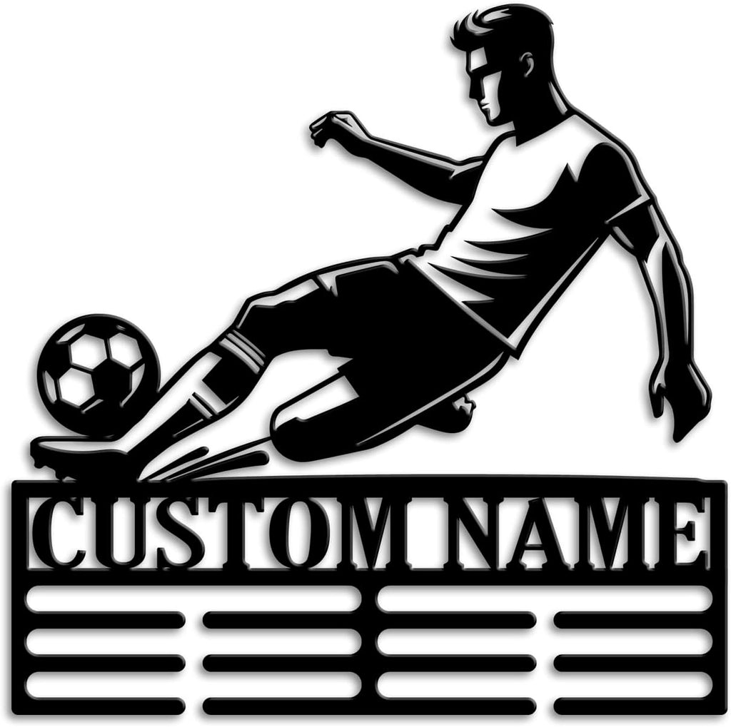 Custom Soccer Medal Holder LED Light, Soccer Player Name Medal Hanger Display, Rack For Tiered Award Ribbon, Metal Sign Gift For Athlete Artwork