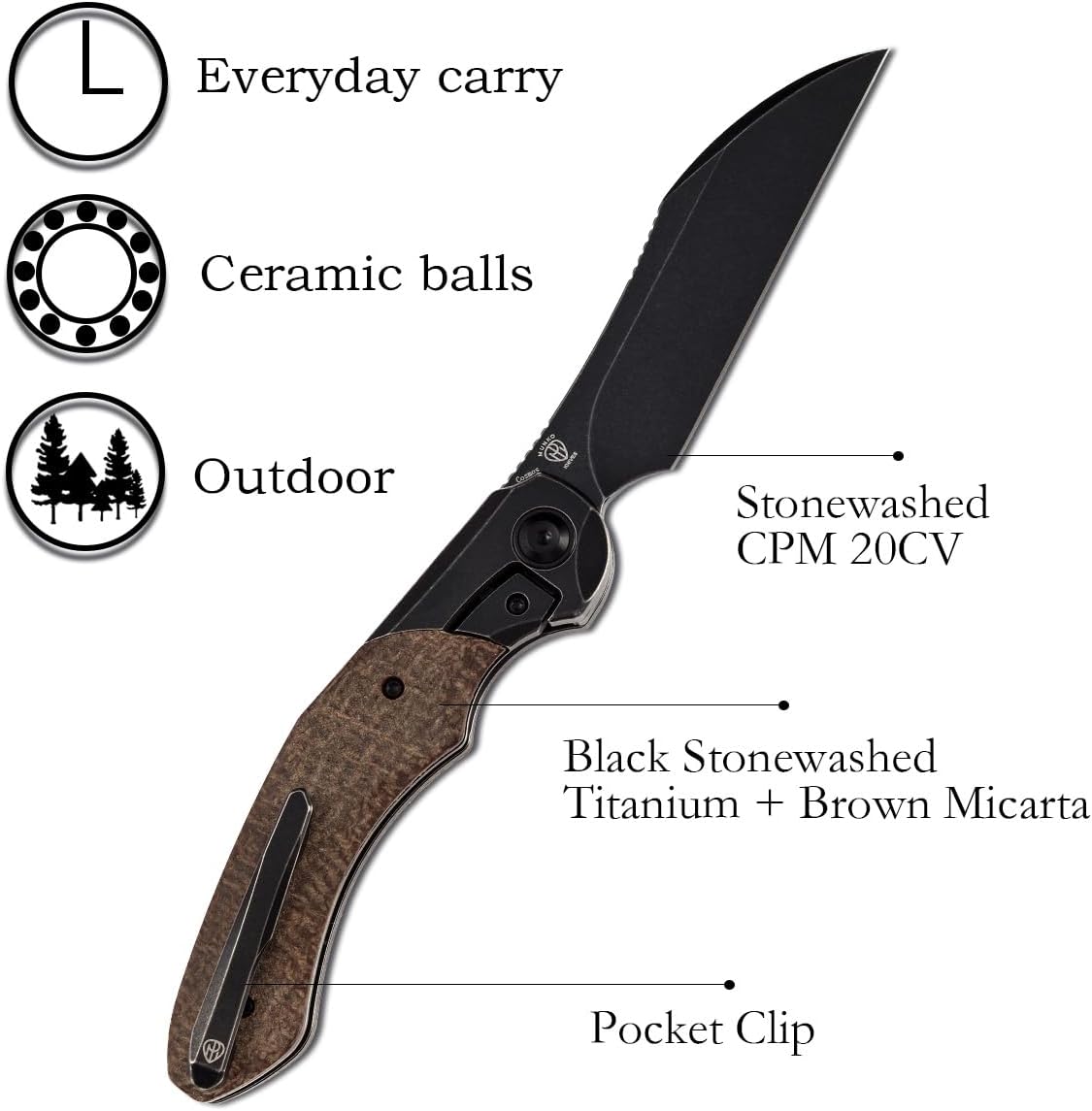 KANSEPT Cosmos Pocket Folding Knives for Men EDC Camping Knife 3.58'' CPM 20CV Blade Material Pocket Folding Knife with Black Stonewashed Titaniu Brown Micarta Handle Everyday Carry K1059A4