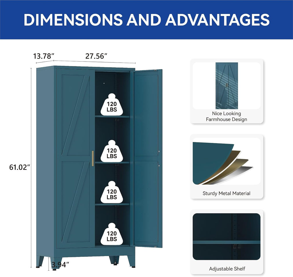 COFaR 61'' Tall Metal Storage Cabinet, Farmhouse Kitchen Pantry Cabinet with Doors and 3 Adjustable Shelves, Metal Pantry Storage Cabinets for Kitchen, Laundry, Peacock Blue 4-Tier