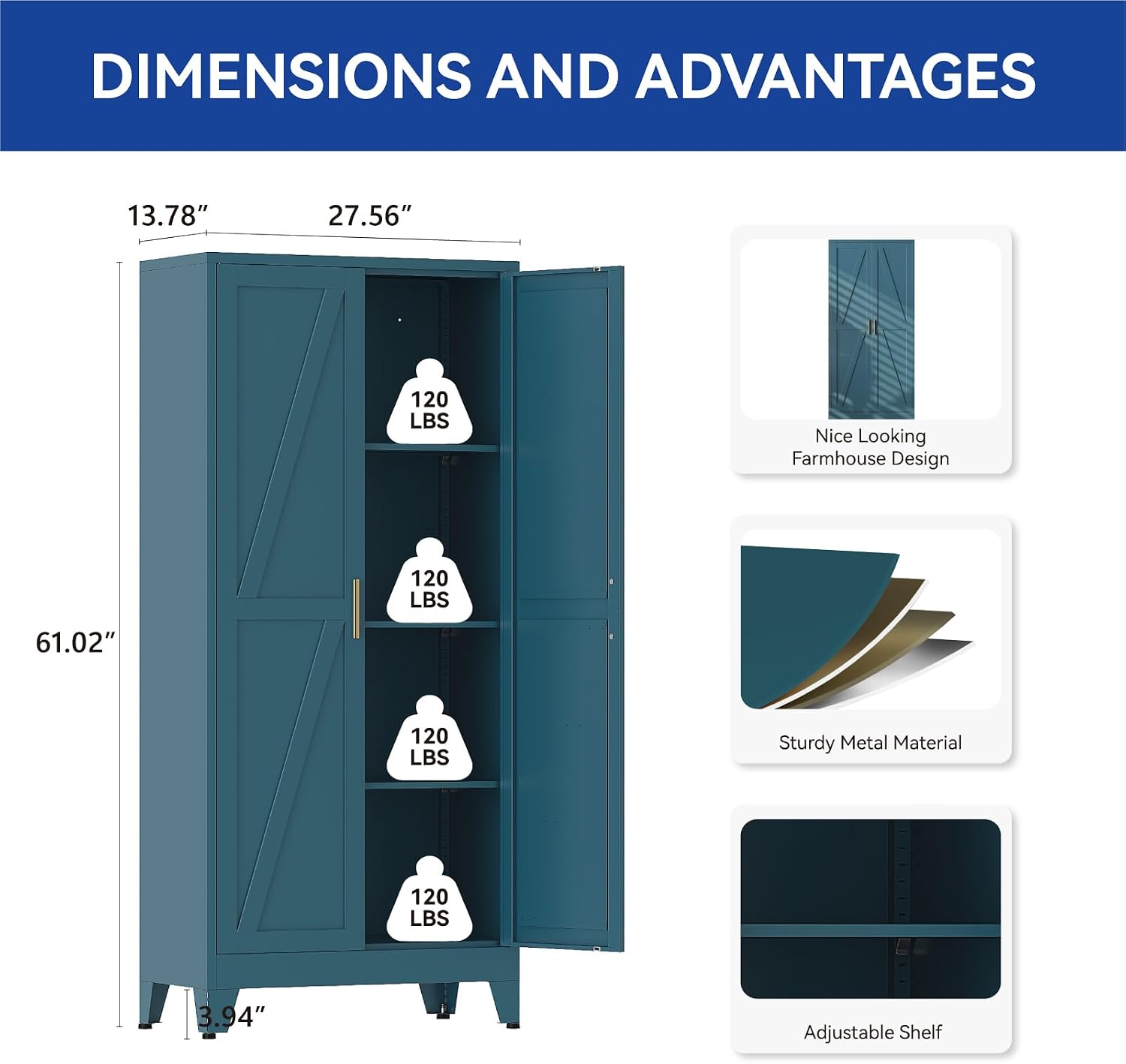 COFaR 61'' Tall Metal Storage Cabinet, Farmhouse Kitchen Pantry Cabinet with Doors and 3 Adjustable Shelves, Metal Pantry Storage Cabinets for Kitchen, Laundry, Peacock Blue 4-Tier