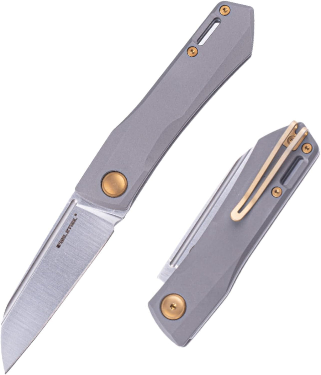 REALSTEEL Solis Slipjoint Folding Pocket Knife - Bohler N690 Satin Blade with Titanium TC4 Handle - Perfect for Camping, and Daily Cutting Tasks - EDC Knife for Men Women (Golden Hardware/Satin)