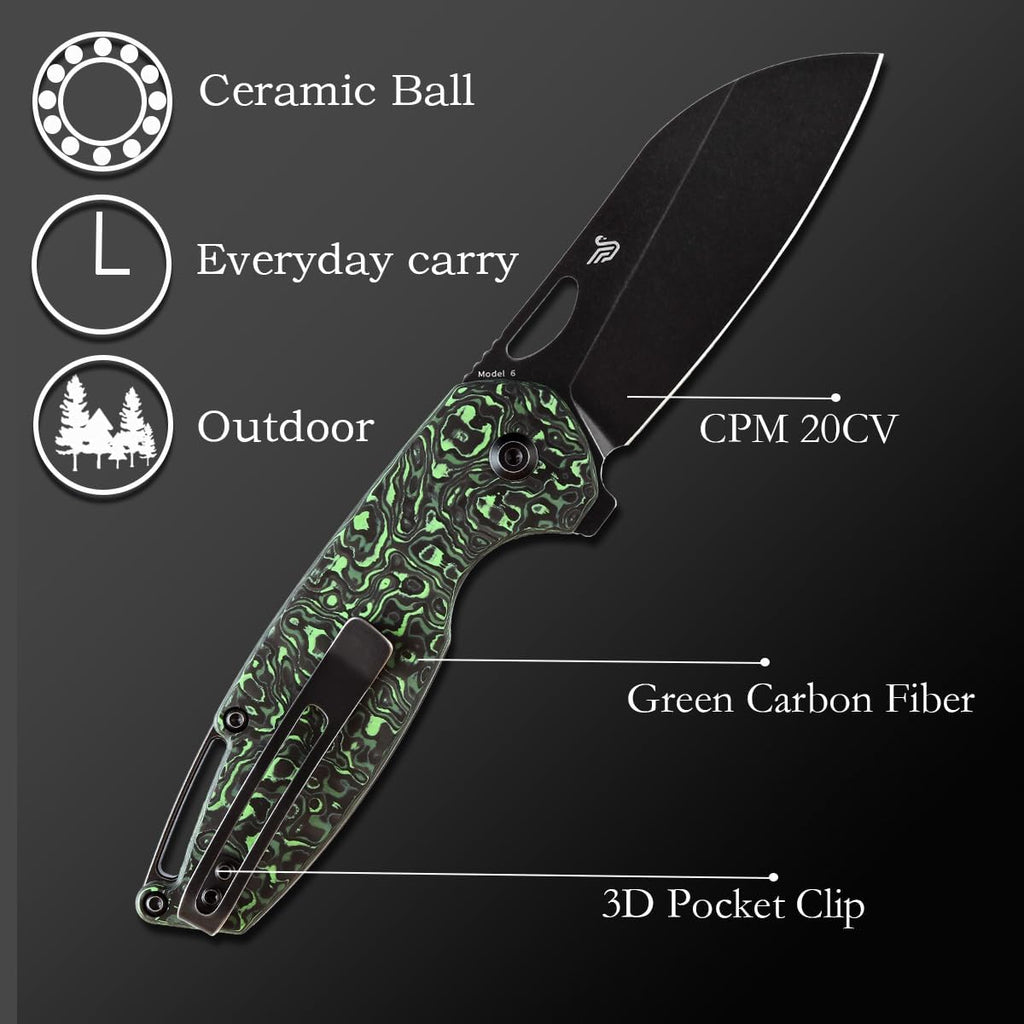 KANSEPT Model 6 Pocket Folding Knives EDC Camping Folding Knife 3.1'' Black Stonewashed CPM 20CV Material Pocket Folding Knife with Green Carbon Fiber Handle Everyday Carry K1022A5