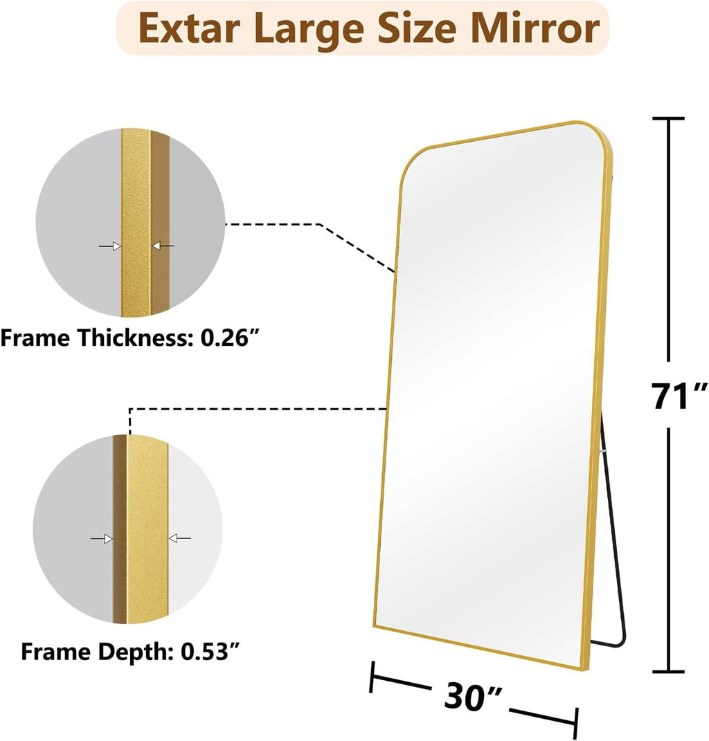 Koonmi Full Length Mirror, 71'x30' Mirror Full Length with Stand, Gold Domed Top Square-Edged Floor Mirror with Aluminum Alloy Frame for Bedroom Living Room