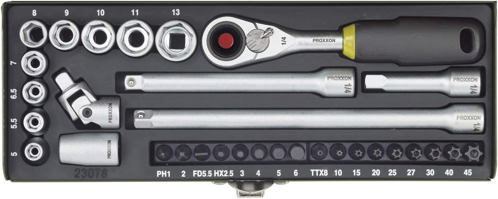 Proxxon 23078 32-Piece Fine Mechanic's Set with Micro Compact Ratchet, Steel Socket Inserts, Standard Bits, and Adaptor for 6-Inch Square and Extensions