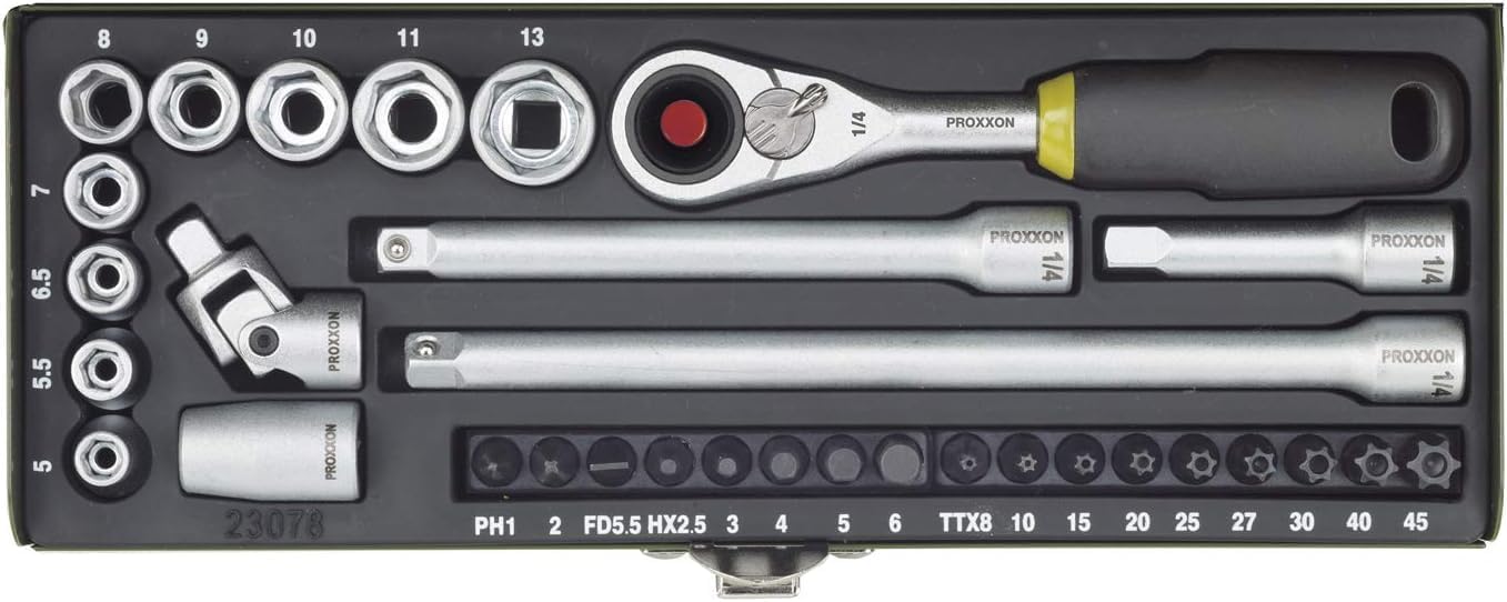 Proxxon 23078 32-Piece Fine Mechanic's Set with Micro Compact Ratchet, Steel Socket Inserts, Standard Bits, and Adaptor for 6-Inch Square and Extensions