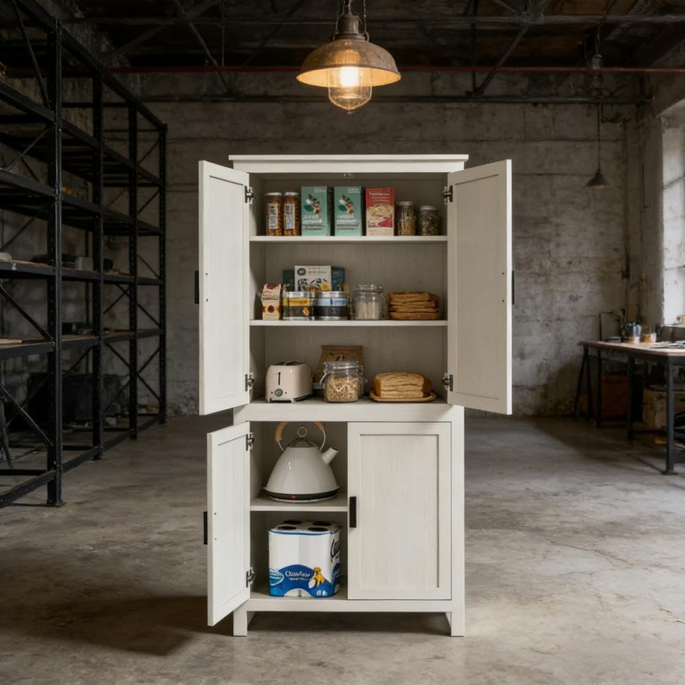 64' Adjustable Shelves Freestanding Storage Cabinet, Kitchen Storage Bakers Rack with Anti-Tipping Design, Utility Food Cupboard with 5-Tier Shelving for Home Kitchen Dining Room, Antique White