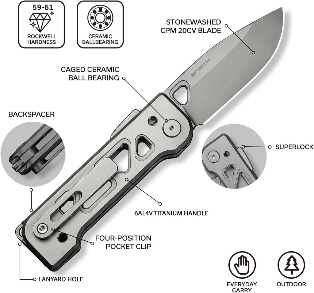 WeKnife Tyro Pocket Knife for Men, Superlock Folding Knife with 4-position Pocket Clip, 2.91' CPM 20CV Steel Blade 6AL4V Titanium Handle, Designed by Snecx Tan WE24001-2 (Gray)