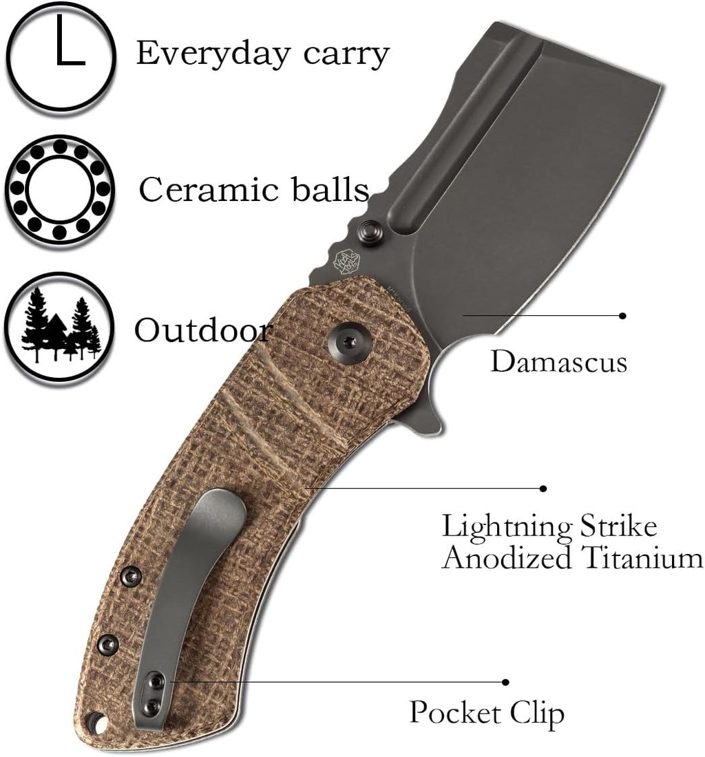 KANSEPT M+ Korvid Pocket Folding Knives Pocket Knife 3.07''Gray Anodized and Stonewashed CPM S35VN Blade,Burlap Brwon Micarta Handle,Cleaver Pocket Camping Knife for Everyday Carry K2030C4U