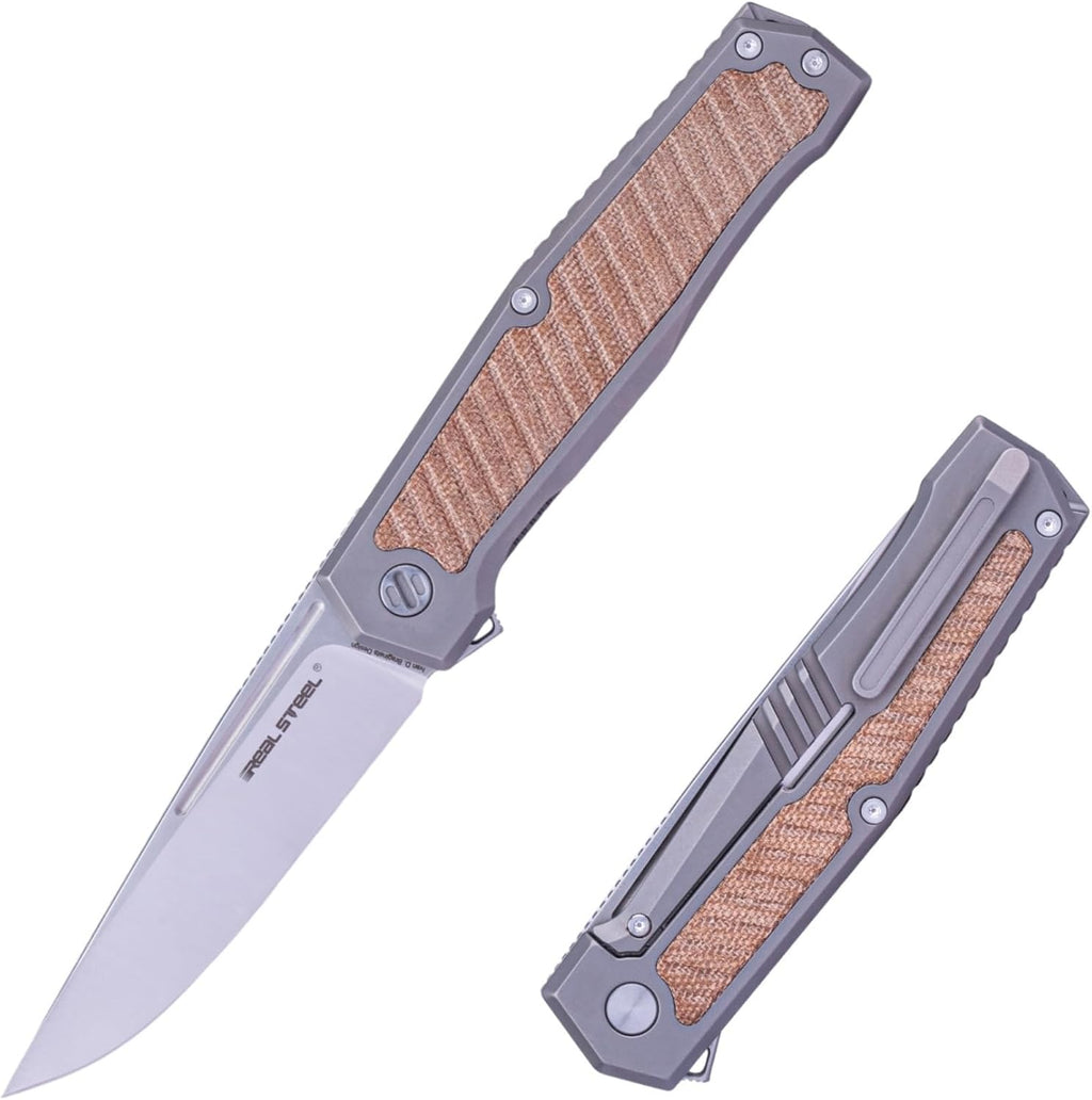 REALSTEEL Knives Rokot Premium Frame Lock Flipper Knife (S35VN Satin Drop Point Blade) Titanium TC-4 Handle (Natural Micarta Inlays)