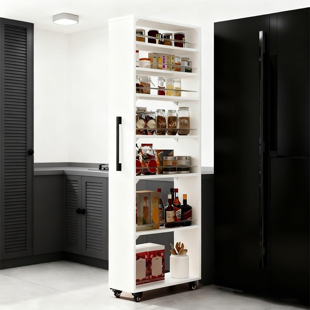 7-Tier Slim Storage Cart, Narrow Shelf Organizer, Wooden Rolling Pantry Cabinet with Wheels, for Kitchen, Bakers Rack, Dining Room, Closet(White,17.7' Dx9.8 Wx72.5 H)