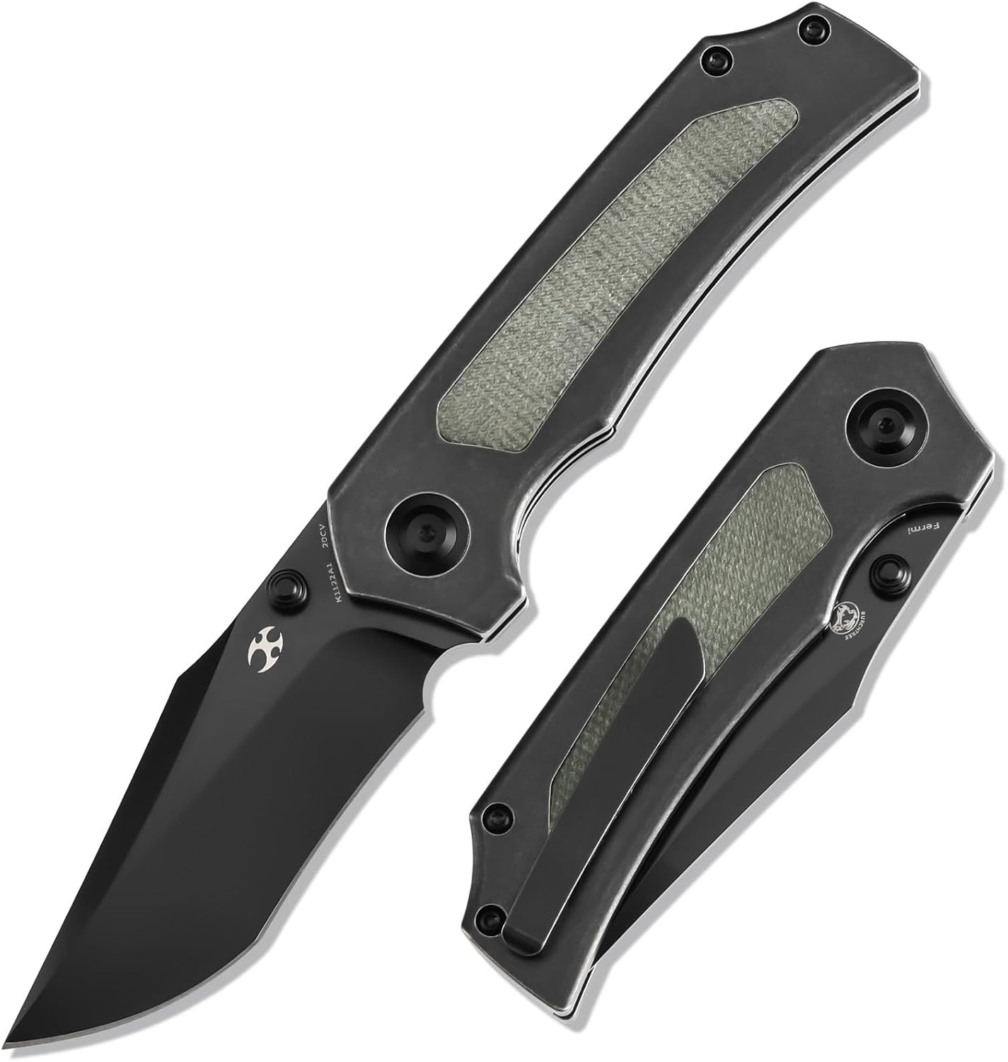 KANSEPT Fermi Pocket Folding Knives for Men Women Camping Hiking Folding Knife 3.11'' Blackwash CPM 20CV Blade EDC Knife with Green Micarta Titanium Handle Everyday Carry K1122A1