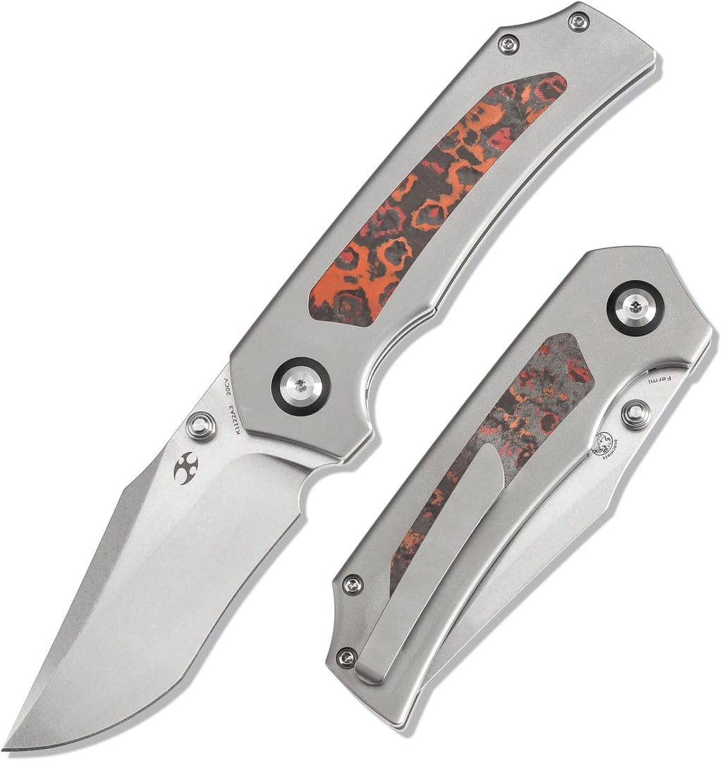 KANSEPT Fermi Pocket Folding Knives for Men Women Camping Hiking Folding Knife 3.11'' Stonewashed CPM 20CV Blade EDC Knife with FatCarbon MarsValley Carbon Fiber Handle Everyday Carry K1122A3