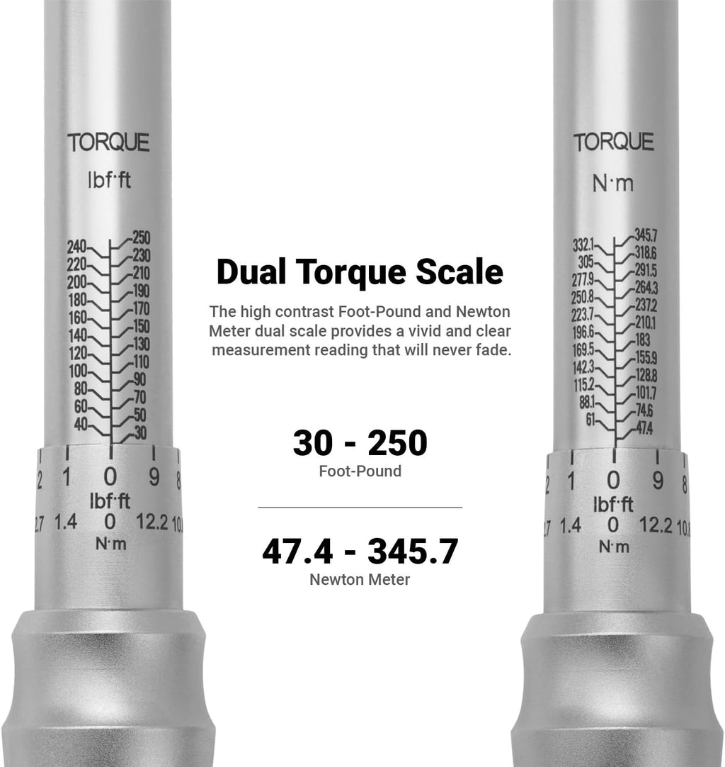 Capri Tools 31202-250FL 30-250 Foot Pound Industrial Torque Wrench, 1/2' Drive, Matte Chrome