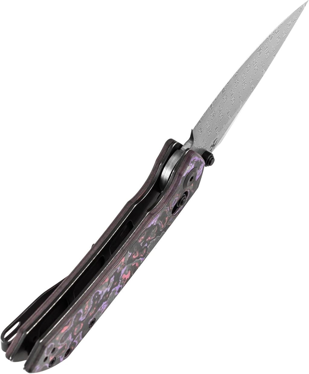 KANSEPT Fenrir Pocket Knife, 3.48'' Damascus Harpoon Blade, Purple Haze Fatcarbon Handle with Crossbar Lock, Thumb Stud Deep Clip for Edc, Camping Survival Hiking Folding Knives K1034V9