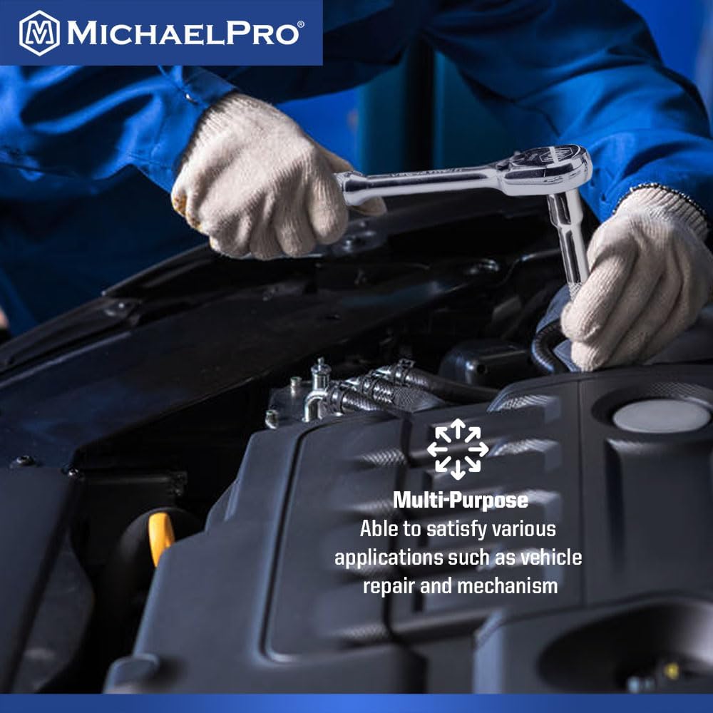 MichaelPro 50-Piece 3/8'' Dr. Socket Set, 90-Tooth Standard & Deep Sockets, SAE 3/8''- 13/16'' & Metric 8-22mm, with Extensions, 8'' Flex Handle, Sliding T-Bar, Universal Joint, CR-V Steel | MP005060
