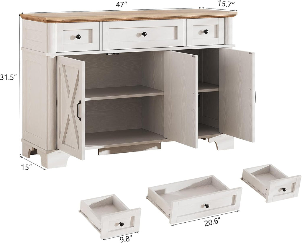 BestHaped Farmhouse Buffet Cabinet with Storage, White Sideboard Buffet Cabinet with Adjustable Shelves & 3 Drawers, Buffet Table Coffee Bar Wine Bar Storage for Kitchen & Living Room, 47inch