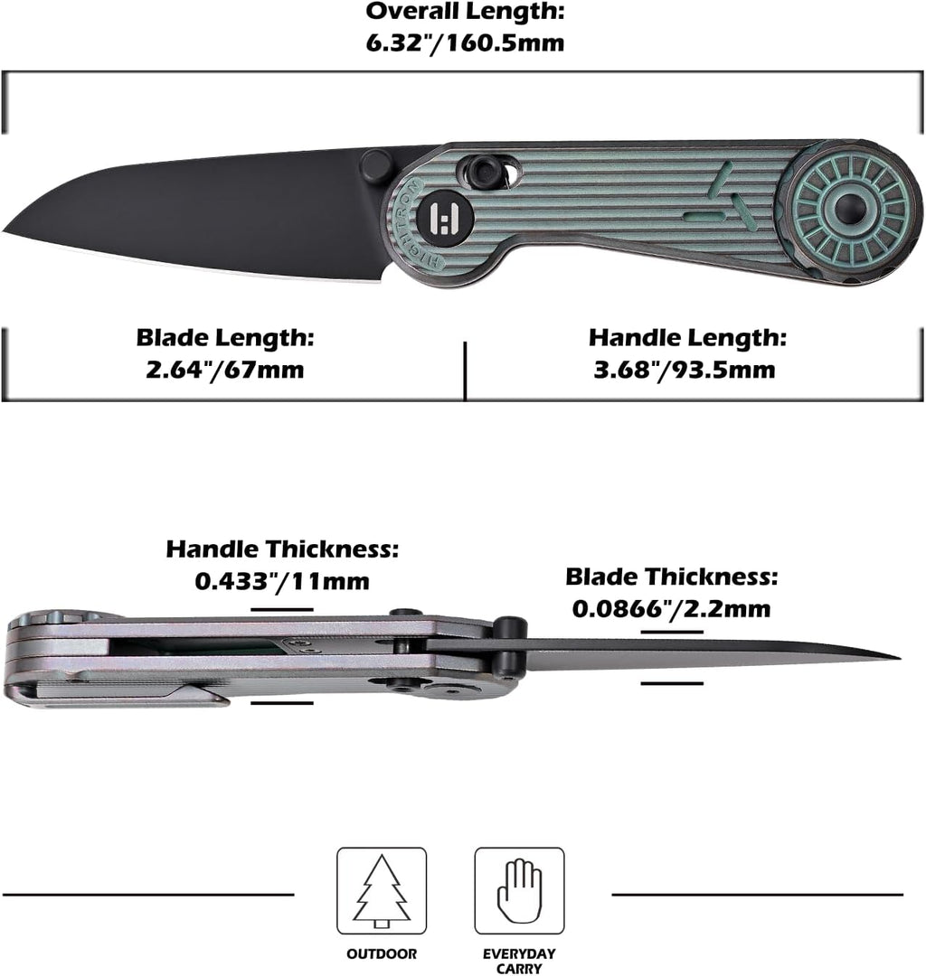 Hightron EdgePlay, Bulit-in Pop-Coin Fidget Knife, All-black, M390 Blade, Green AnodizedTitanium Handle, Axis Lock, CNC titanium Pocket Clip, Utility Playful EDC Gear