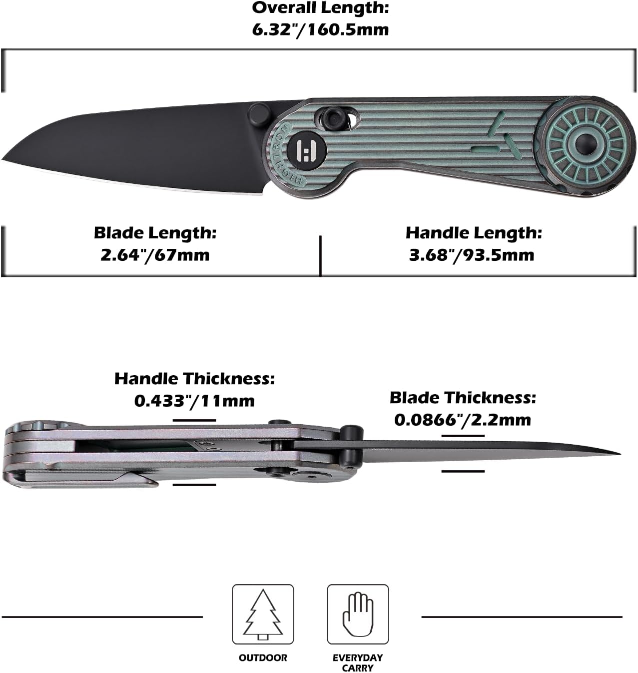 Hightron EdgePlay, Bulit-in Pop-Coin Fidget Knife, All-black, M390 Blade, Green AnodizedTitanium Handle, Axis Lock, CNC titanium Pocket Clip, Utility Playful EDC Gear