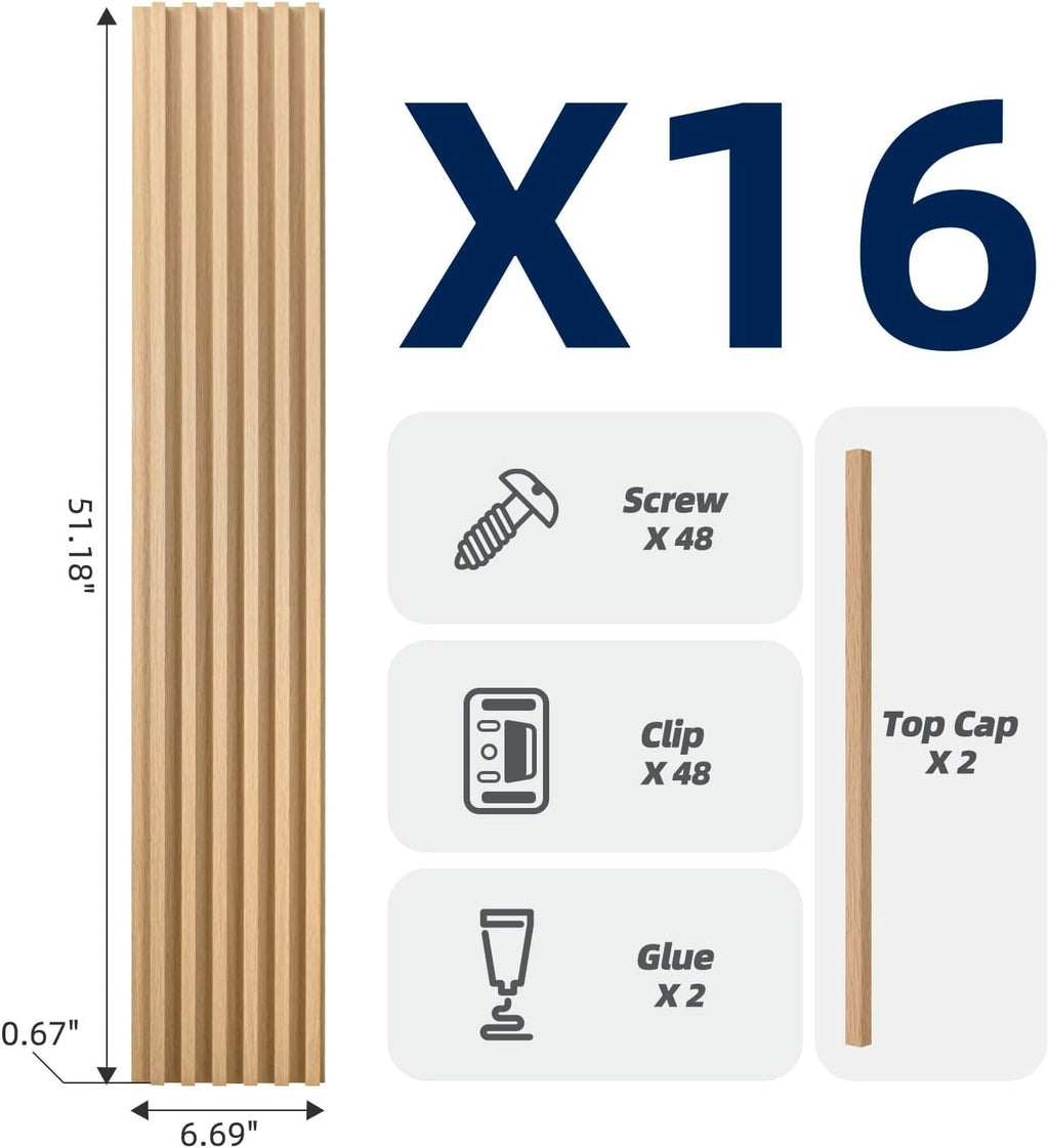 Art3dwallpanels 16 Pack Wood Slat Wall Paneling 51'×6.7' Sound Absorbing 3D Wall Panels for Living Room TV Background Home Office Decor, Oak
