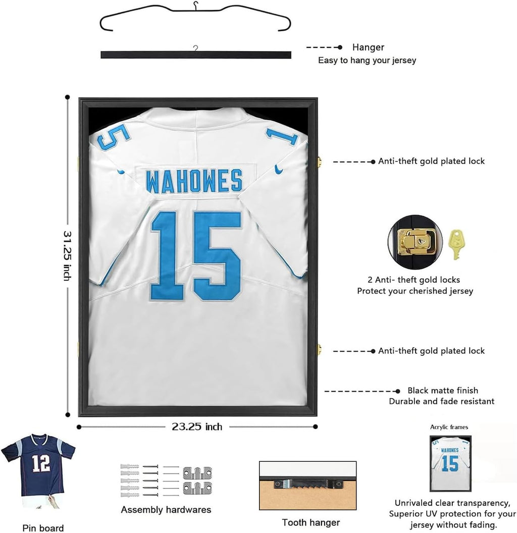 Jersey Frame Display Case 4 Pack-Wood Jersey Display Shadow Box- Lockable Jersey Frame with 2 Wall Hangers and UV Protected Acrylic for Football Baseball Basketball Jersey-Black