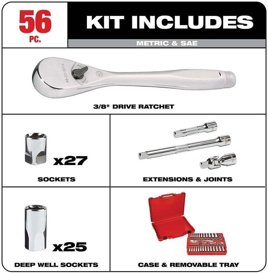 56pc 48-22-9008 for Milwaukee 3/8-Inch Drive and Metric Ratchet and Socket Set