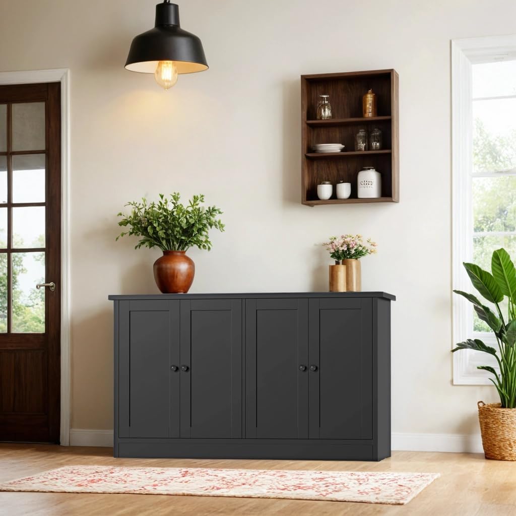 holzart Black Buffet Cabinet with Storage, 49' Modern Kitchen Sideboard with 4 Doors & Adjustable Shelves, Wood Coffee Bar Cabinet Console Table for Dining Room, Living Room, Entryway