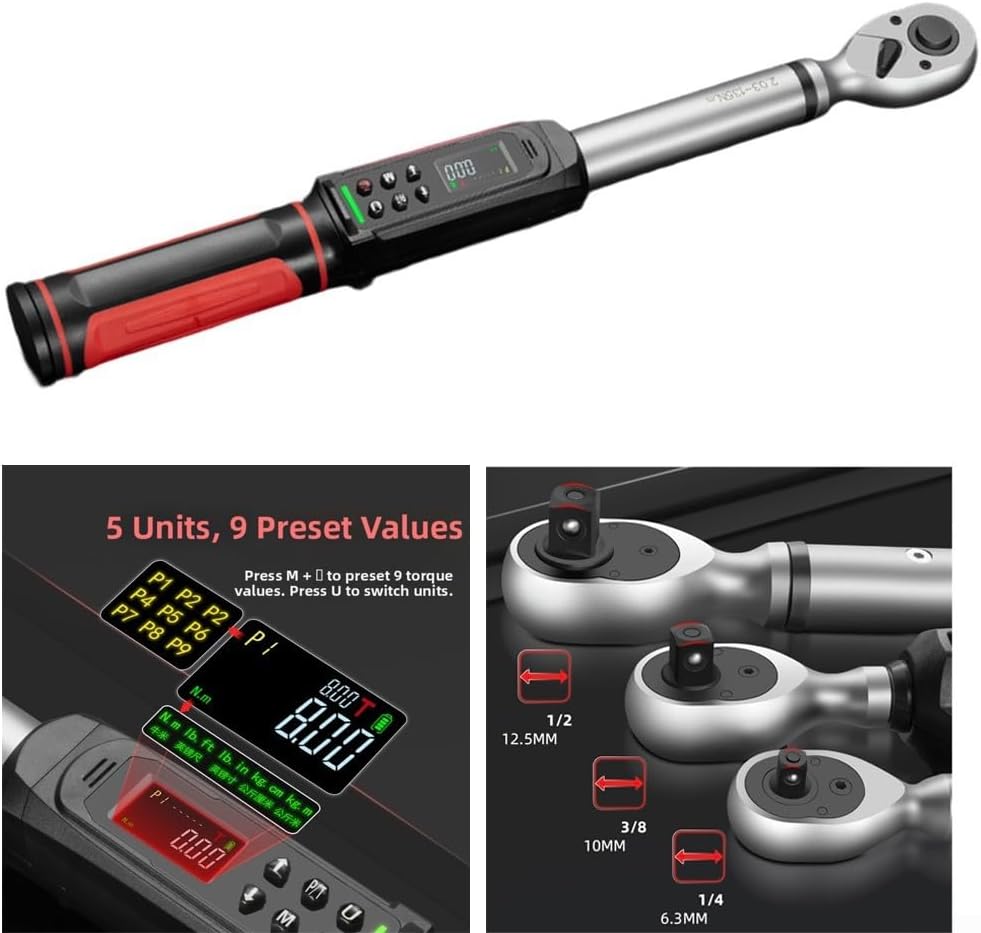 Digital torque wrench 1/4 3/8 1/2 inch with vibration buzzer LED overload protection 9 preset modes unit switching quick release ratchet head (10mm 2.02-135N.m)