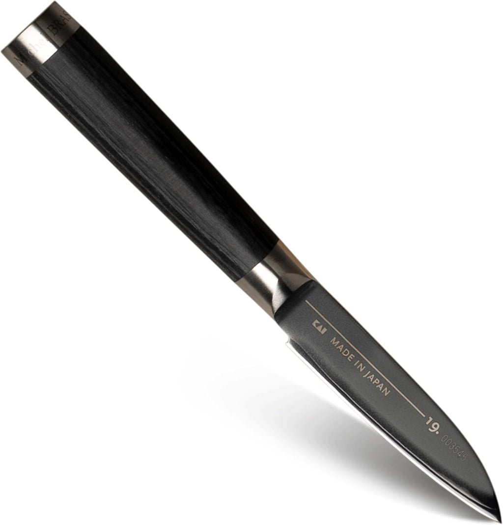 Michel BRAS No. 1 Paring Knife, 3' Handcrafted Vegetable and Fruit Knife, 3 Layer Stainless Steel Blade, Black Pakkawood Handle, Small Kitchen Tool for Peeling and Cutting