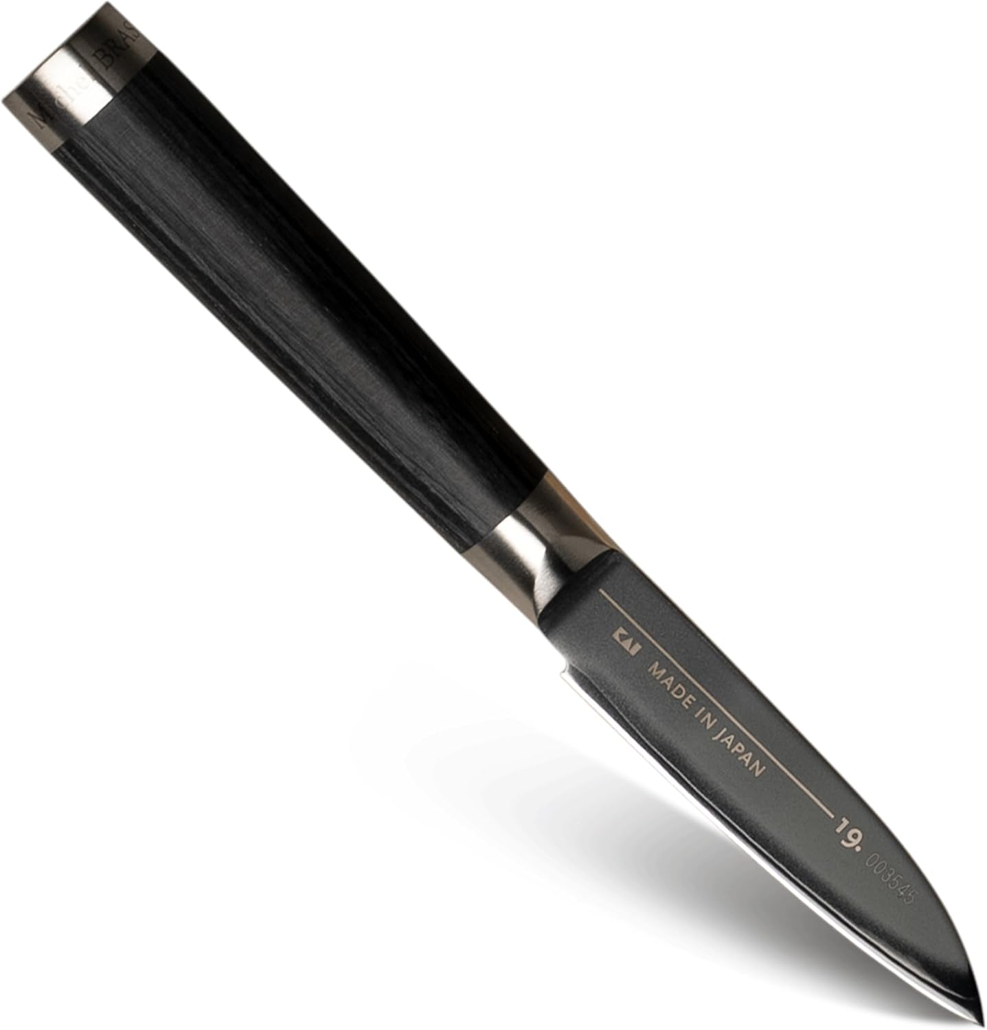 Michel BRAS No. 1 Paring Knife, 3' Handcrafted Vegetable and Fruit Knife, 3 Layer Stainless Steel Blade, Black Pakkawood Handle, Small Kitchen Tool for Peeling and Cutting