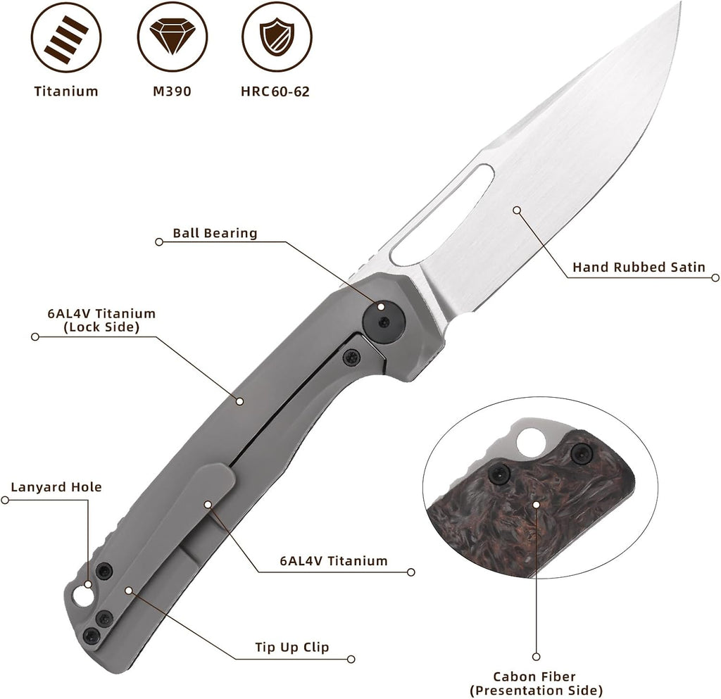 Pocket Knife, 3.5' M390 Blade Folding Knife Hunting Knife Survival Knife with Pocket Clip, EDC Knives for Hunting Camping Survival Outdoor Fishing Hiking (Purple&Black)