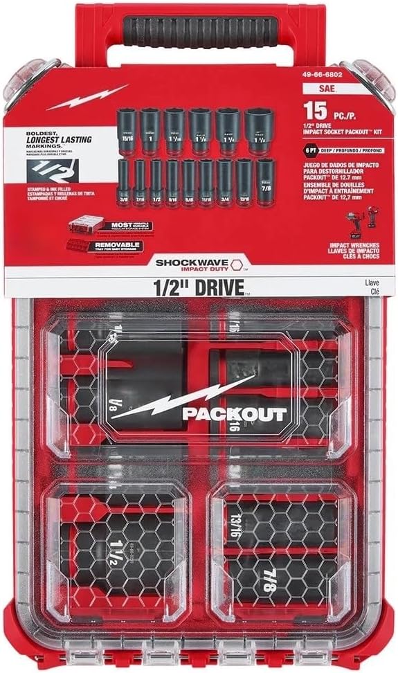 15Pc 49-66-6802 for Milwaukee Impact Duty 1/2' Dr Packout Socket Set w/Organizer - SAE