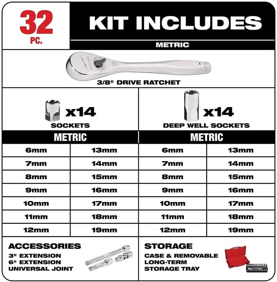 32Pc 48-22-9508 for Milwaukee 3/8' Drive Ratchet & Socket Set - Metric - Red/Silver