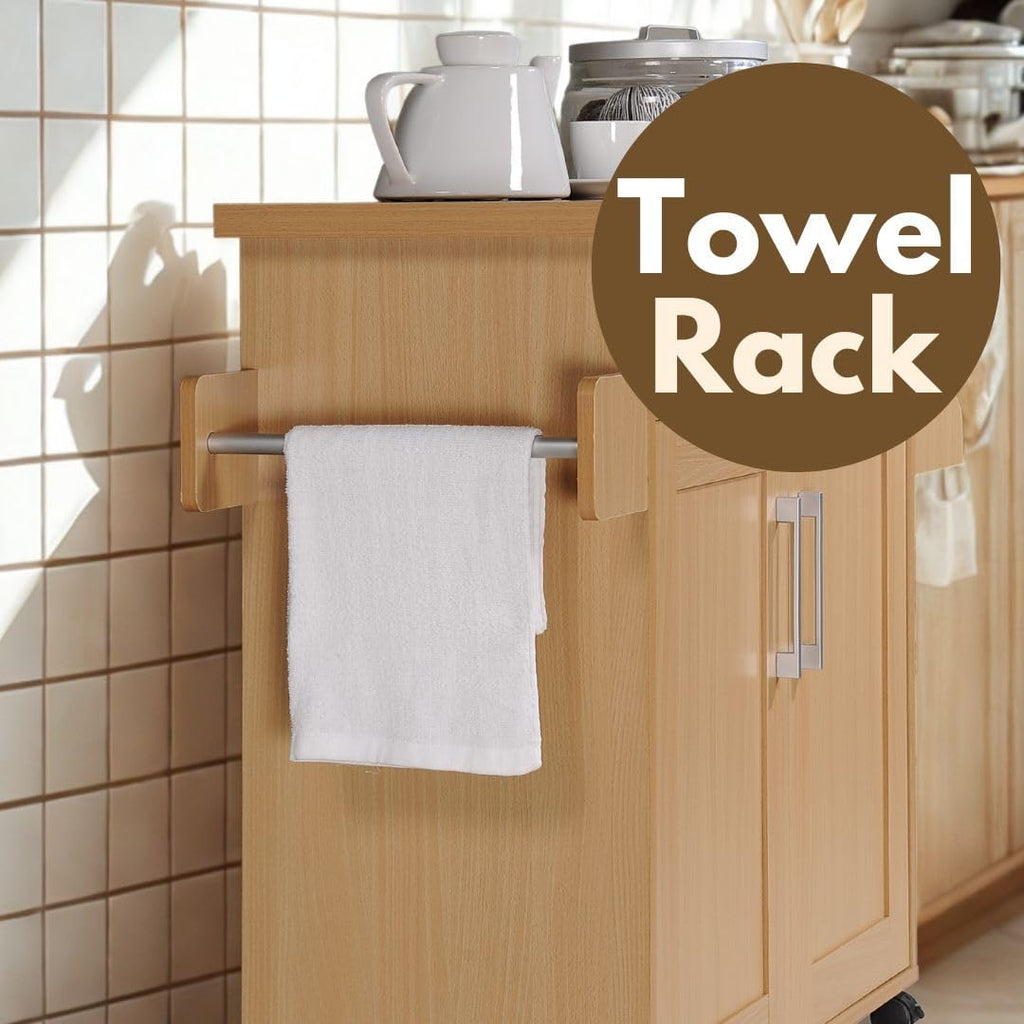 Hodedah Rolling Wood Kitchen Island Cart with Spice Rack, Towel Rack, Utensil Drawer plus Cabinet, Beech