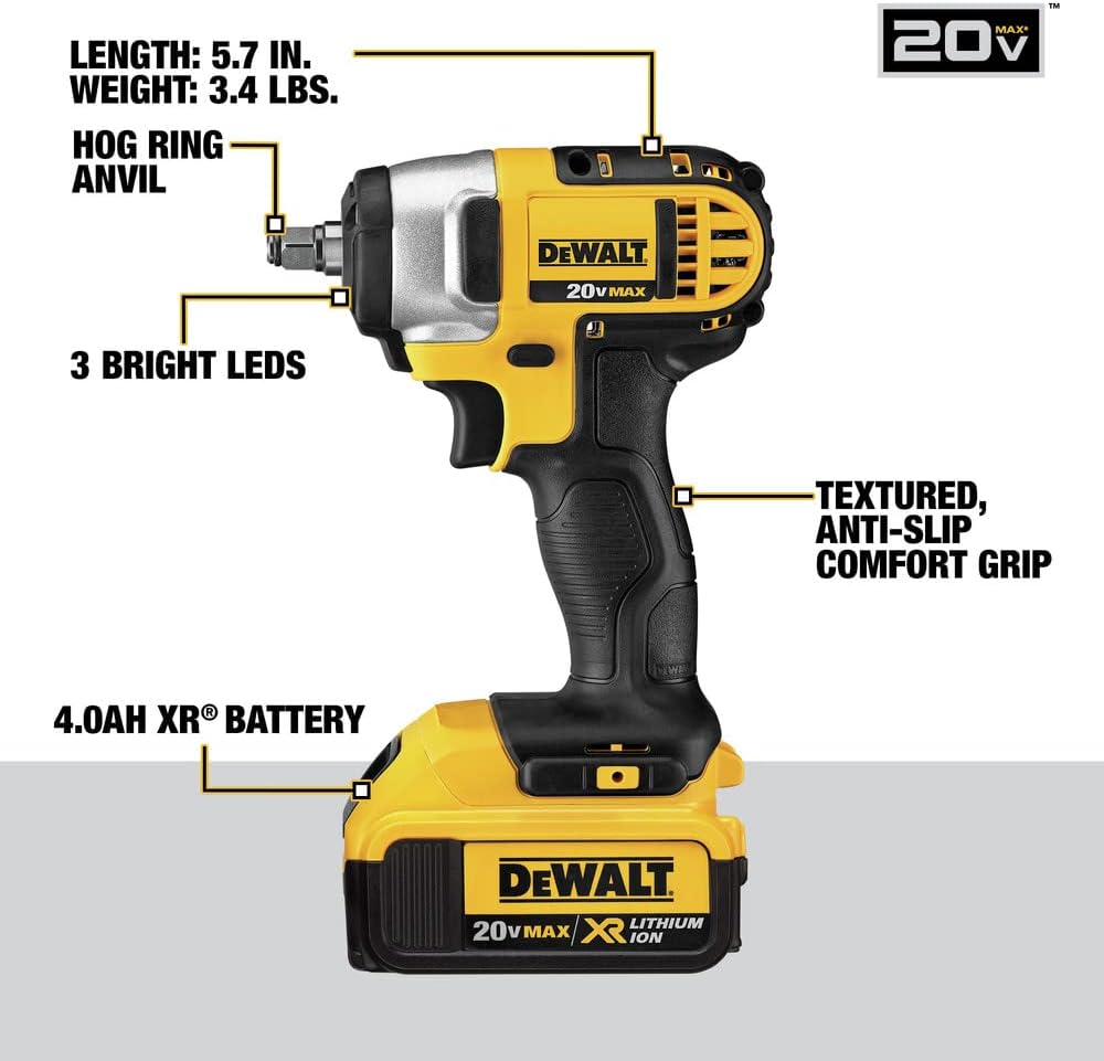 DEWALT 20V MAX* Cordless Impact Wrench Kit with Hog Ring, 3/8-Inch (DCF883M2)
