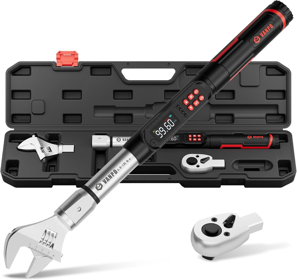 VANPO Adjustable Digital Torque Wrench, 5-99.6Ft.lb/6.8-135Nm, ±2% Accuracy, HVAC Torque Wrench with Interchangeable 38mm Jaw & 1/2' Ratchet, Buzzer, Vibration and LED Alert for Split AC, Moto, Car