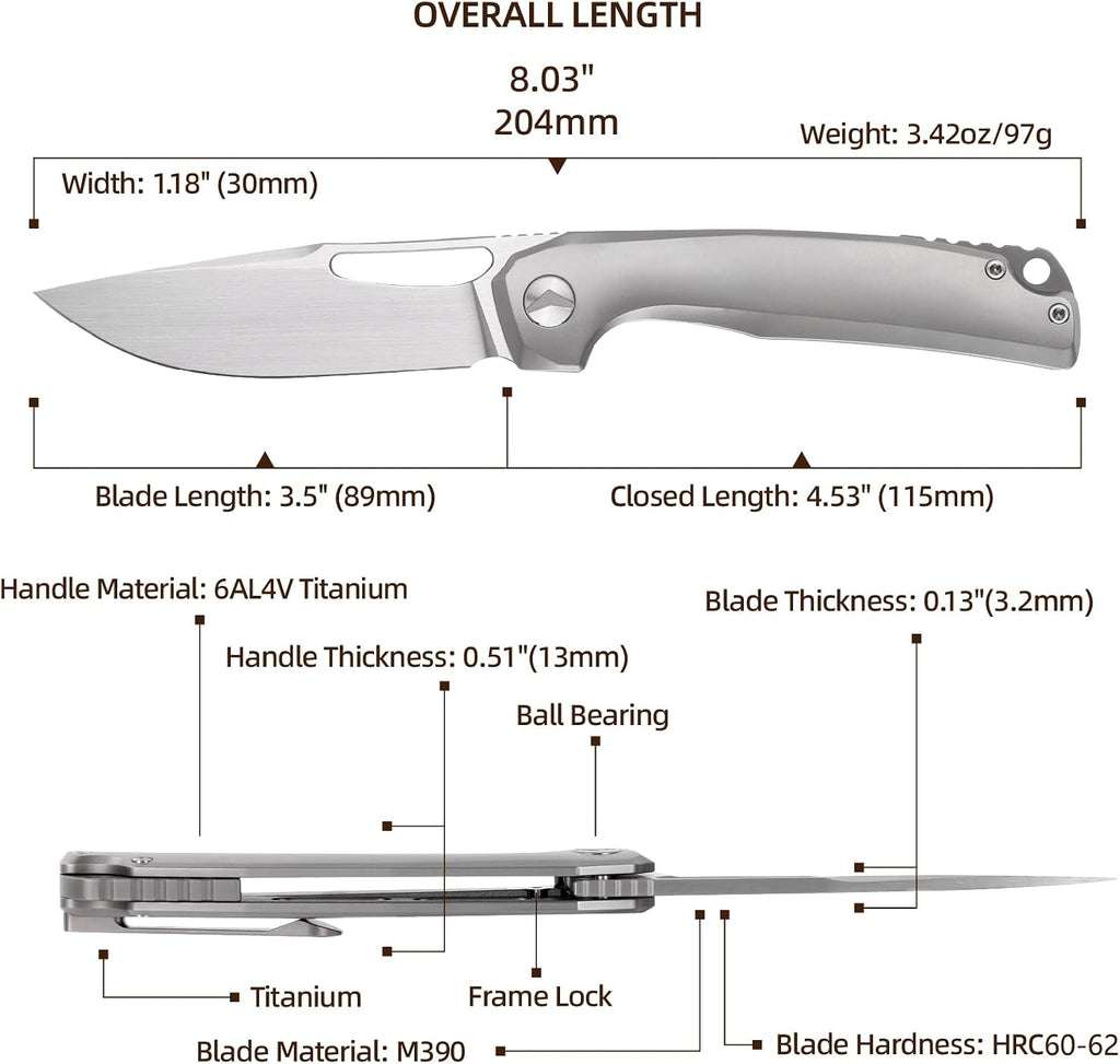 Pocket Knife, 3.5' M390 Blade Folding Knife Hunting Knife with Titanium Handle and Pocket Clip, EDC Knives for Hunting Camping Survival Outdoor Fishing Hiking（Grey）