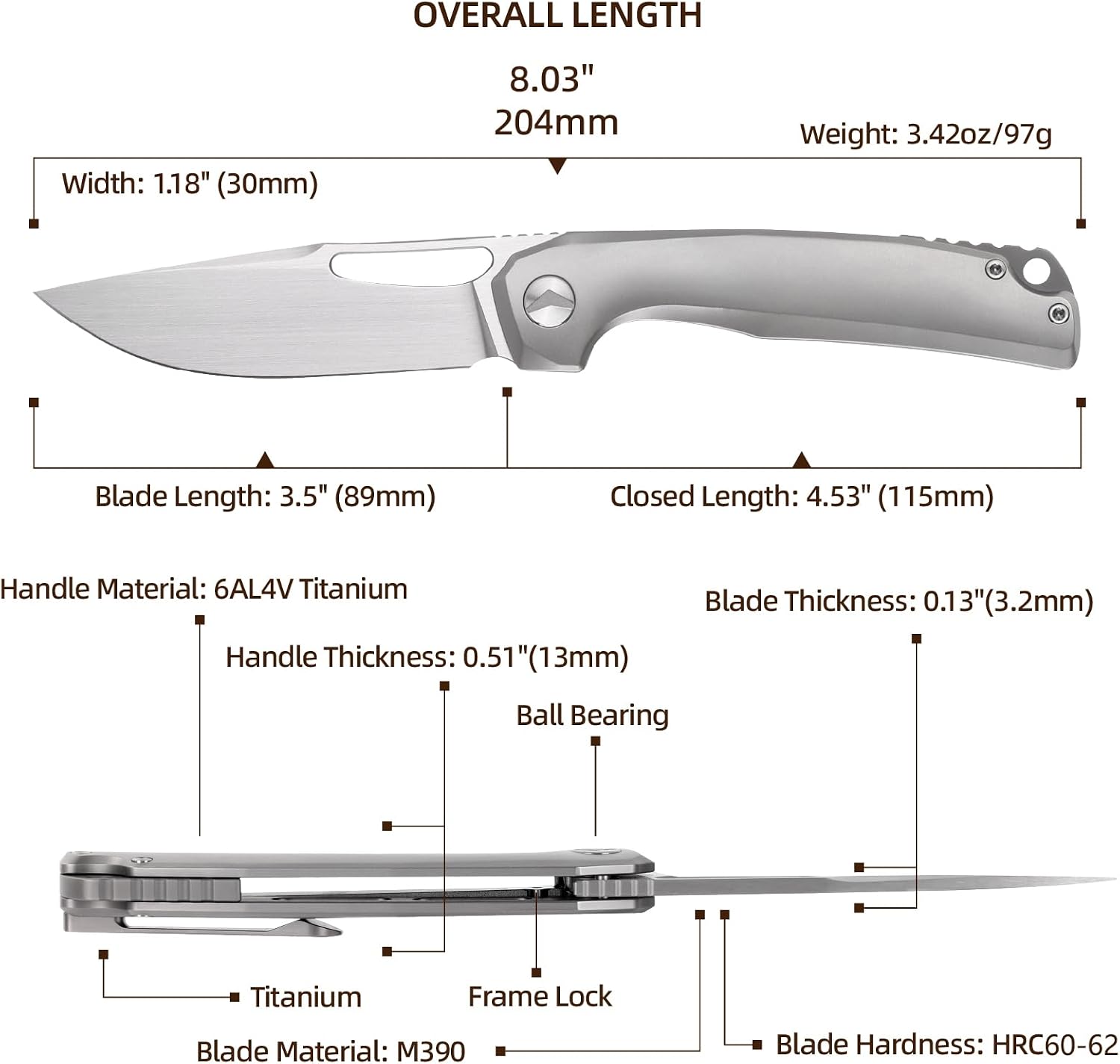 Pocket Knife, 3.5' M390 Blade Folding Knife Hunting Knife with Titanium Handle and Pocket Clip, EDC Knives for Hunting Camping Survival Outdoor Fishing Hiking（Grey）
