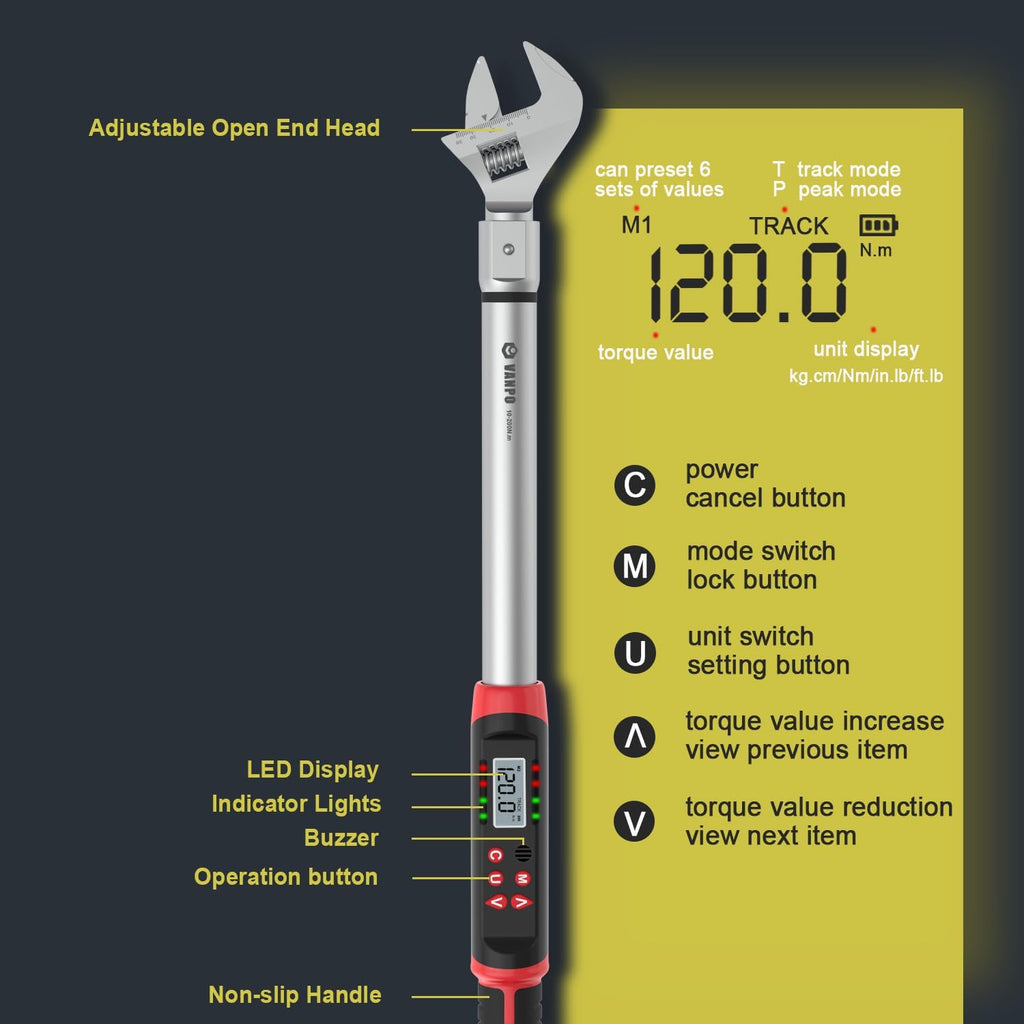 VANPO Digital HVAC Torque Wrench 7.4-147.6 ft.lb, 38mm Adjustable Jaw | 10-200 N.m, ±2% Accuracy, LED Buzzer Alert, 14x18mm Open End, Adjustable Digital Torque Wrench for Mini Split AC, Pipeline
