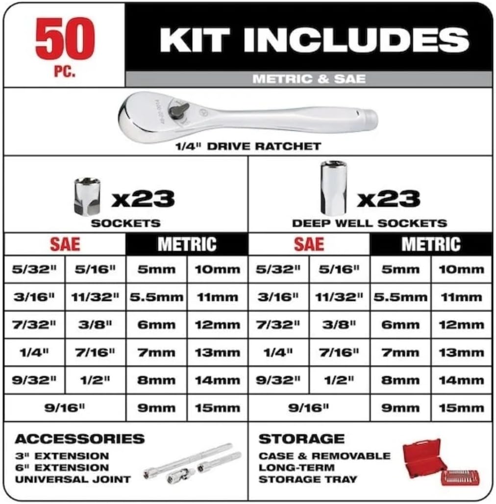 1/4' Drive 50Pc Ratchet & Socket Set - Sae & Metric For Milwaukee Tool 4822-9004