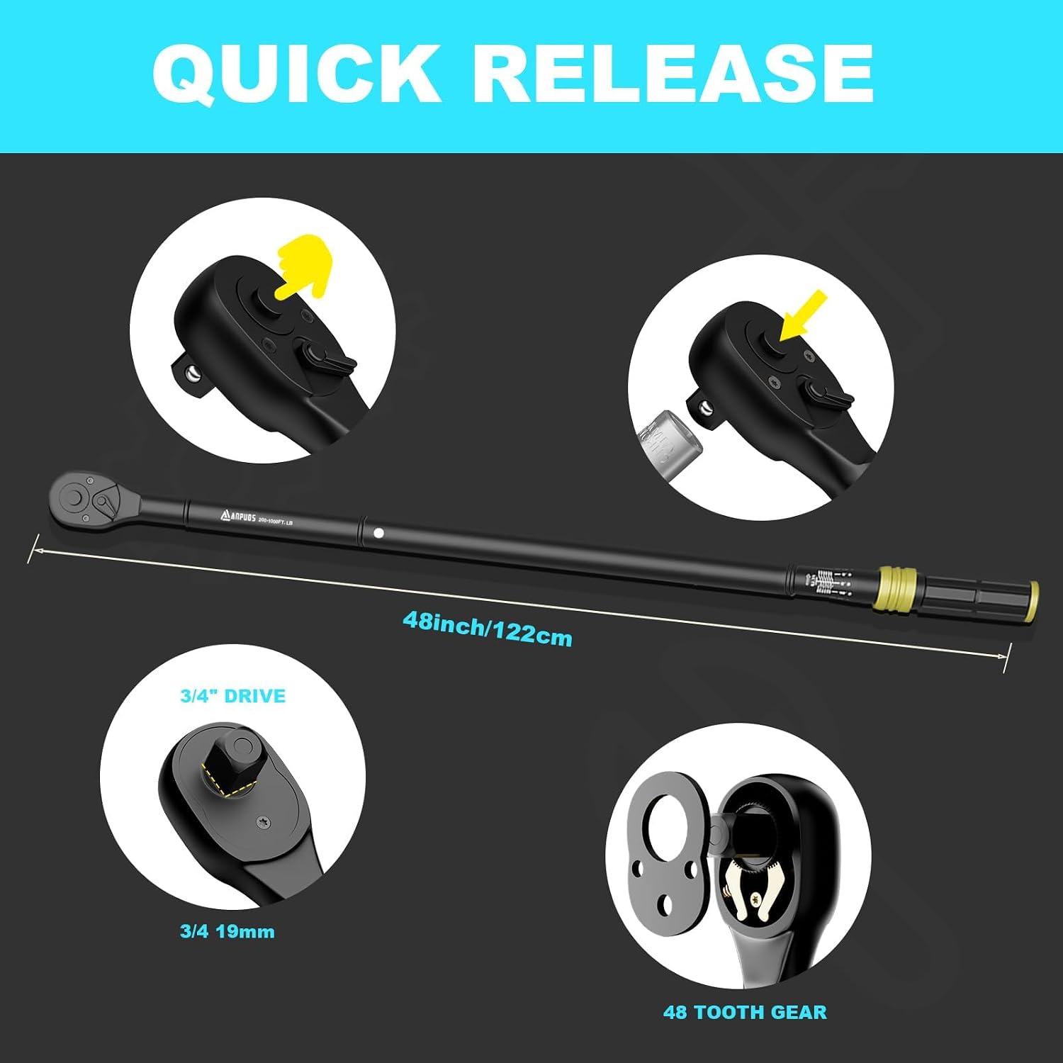 ANPUDS 3/4 Torque Wrench, 200-1000 Ft-Lb/271-1355 Nm, Heavy Duty Click Torque Wrench, 48-Tooth Quick Release Reversible Ratchet, Dual Scale for Semi Truck, Tractor & Diesel Maintenance