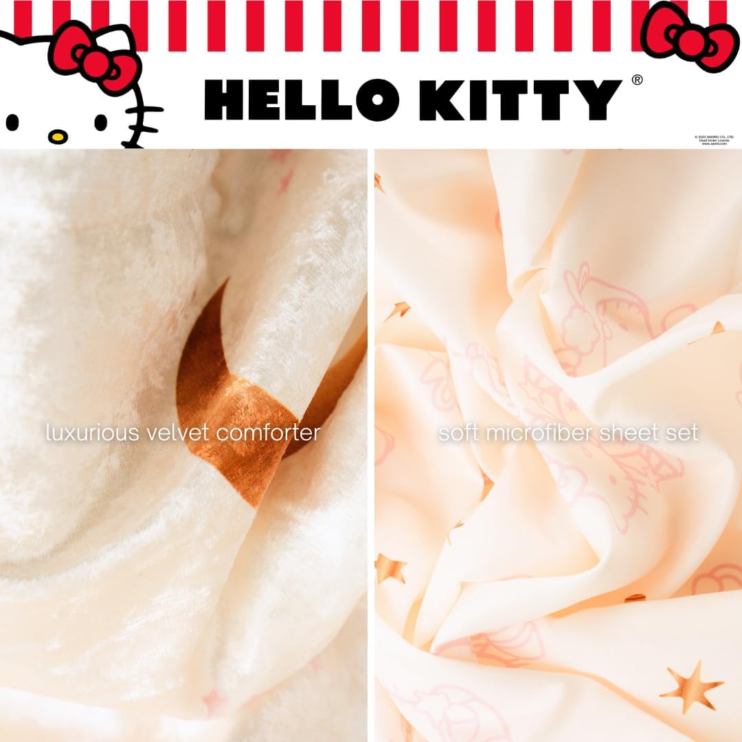 Lux Hello Kitty Velvet Bedding 7 Piece Super Soft Cozy Reversible Comforter and Sheet Set with Sham & Tote Bag, Full, (Officially Licensed Product) By Franco