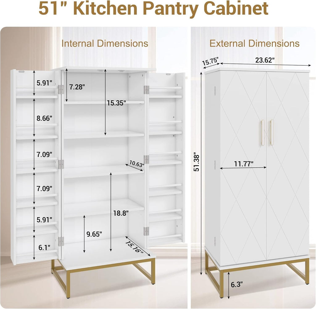 kepptory 51' Kitchen Pantry Storage Cabinet with Diamond Design, White Freestanding Pantry Cabinets with Golden Base and Handles, Buffet Cupboards Cabinet with 6 Adjustable and Large Storage Space