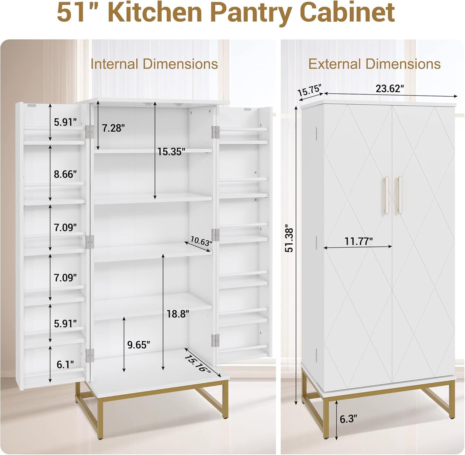 kepptory 51' Kitchen Pantry Storage Cabinet with Diamond Design, White Freestanding Pantry Cabinets with Golden Base and Handles, Buffet Cupboards Cabinet with 6 Adjustable and Large Storage Space