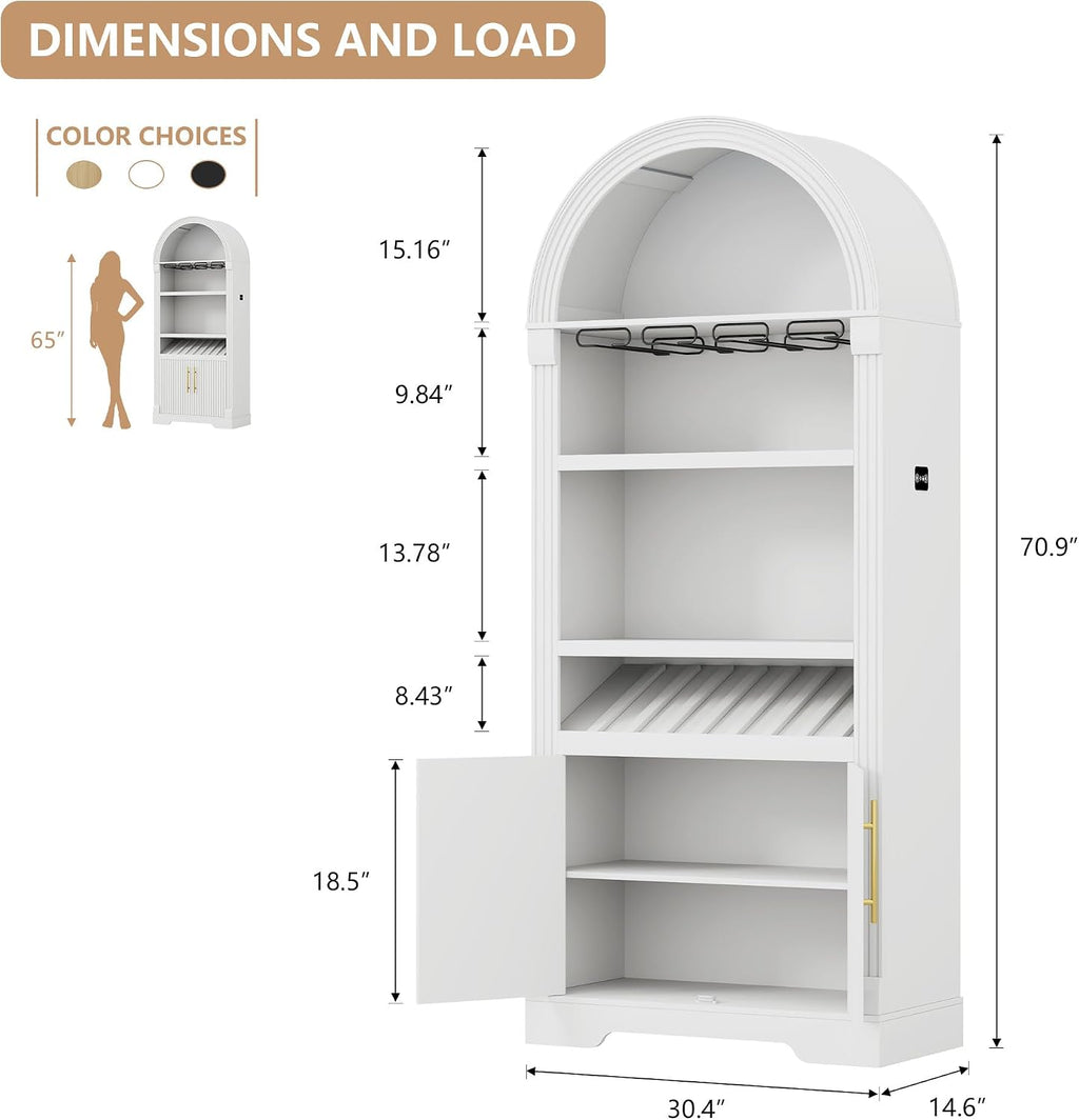 Vlsrka Arched Cabinet, Kitchen Pantry Cabinets with Open & Adjustable Shelves, Induction 3 Color Lights (White A)