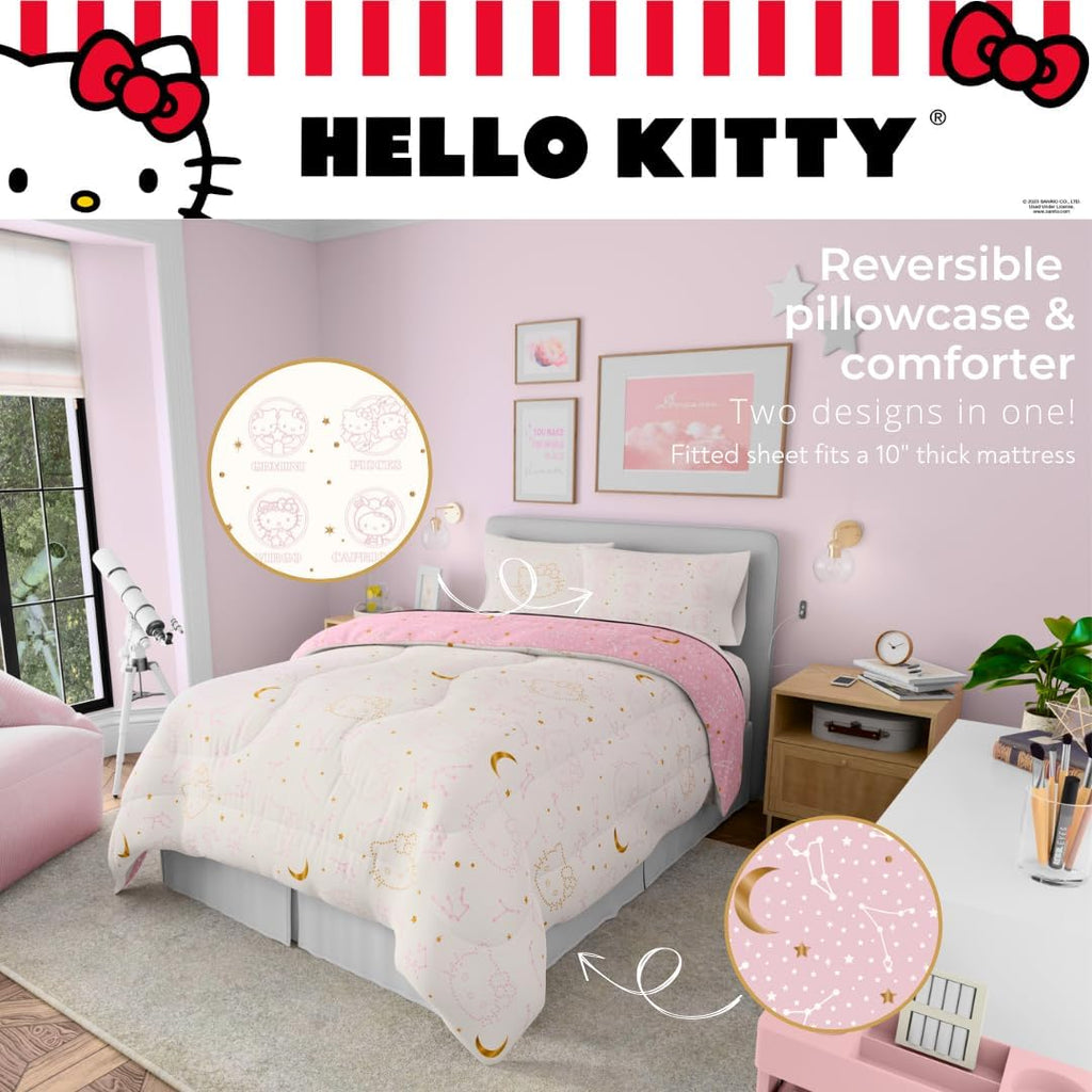 Lux Hello Kitty Velvet Bedding 7 Piece Super Soft Cozy Reversible Comforter and Sheet Set with Sham & Tote Bag, Full, (Officially Licensed Product) By Franco