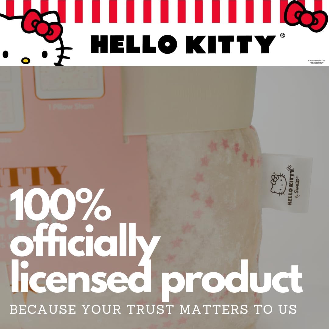 Lux Hello Kitty Velvet Bedding 7 Piece Super Soft Cozy Reversible Comforter and Sheet Set with Sham & Tote Bag, Full, (Officially Licensed Product) By Franco