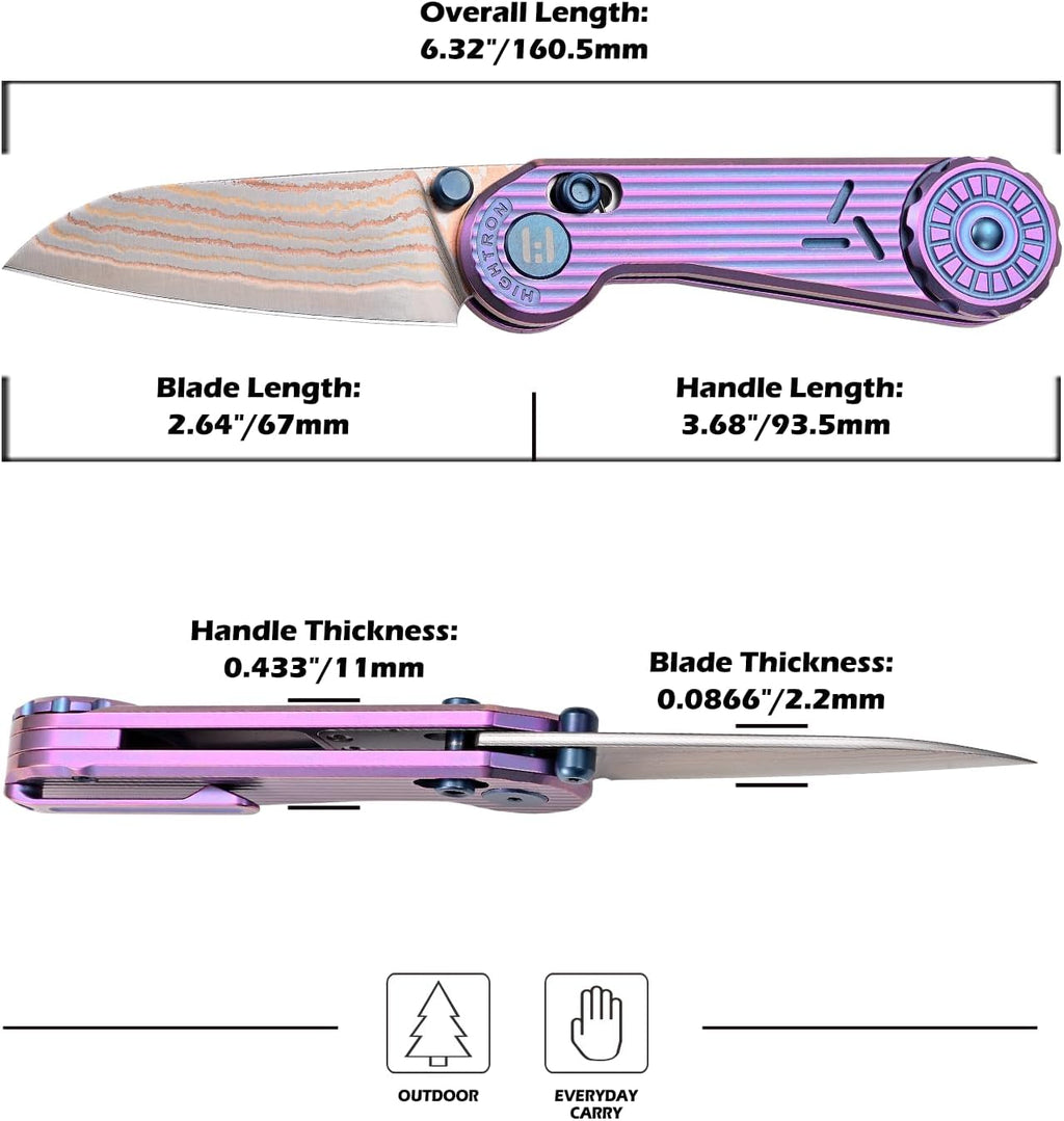 Hightron EdgePlay Premium Fidget Knife 2.64' Copper Damascus Blade and Titanium Handle Tactical EDC Knives with Pocket Clip Axis-Lock for Men Women Lightweight Folding Knife for Outdoor Indoor Purple